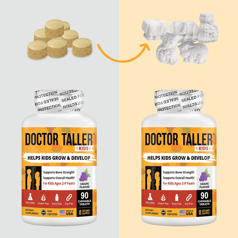 [Australia] - Doctor Taller Kids - Kids Multivitamins, Toddler Vitamins - Support Bone Strength, Enhanced Immunity with Calcium, Multivitamins for Ages 2 to 9 - Grape Flavor - 90 Vegan Chewable Tablets | 1 Pack 