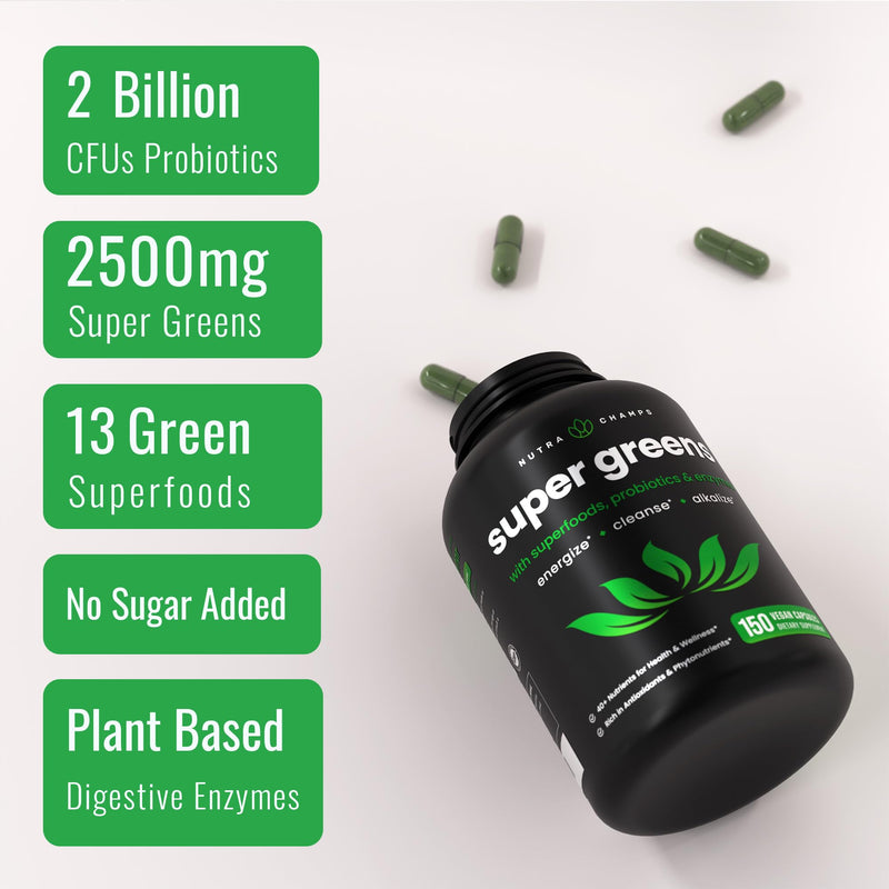 [Australia] - NutraChamps Organic Super Greens Capsules - Alfalfa, Spirulina, Chlorella & More - Antioxidant, Digestive Enzyme & Probiotic Blends - 150 Green Superfood Capsules 