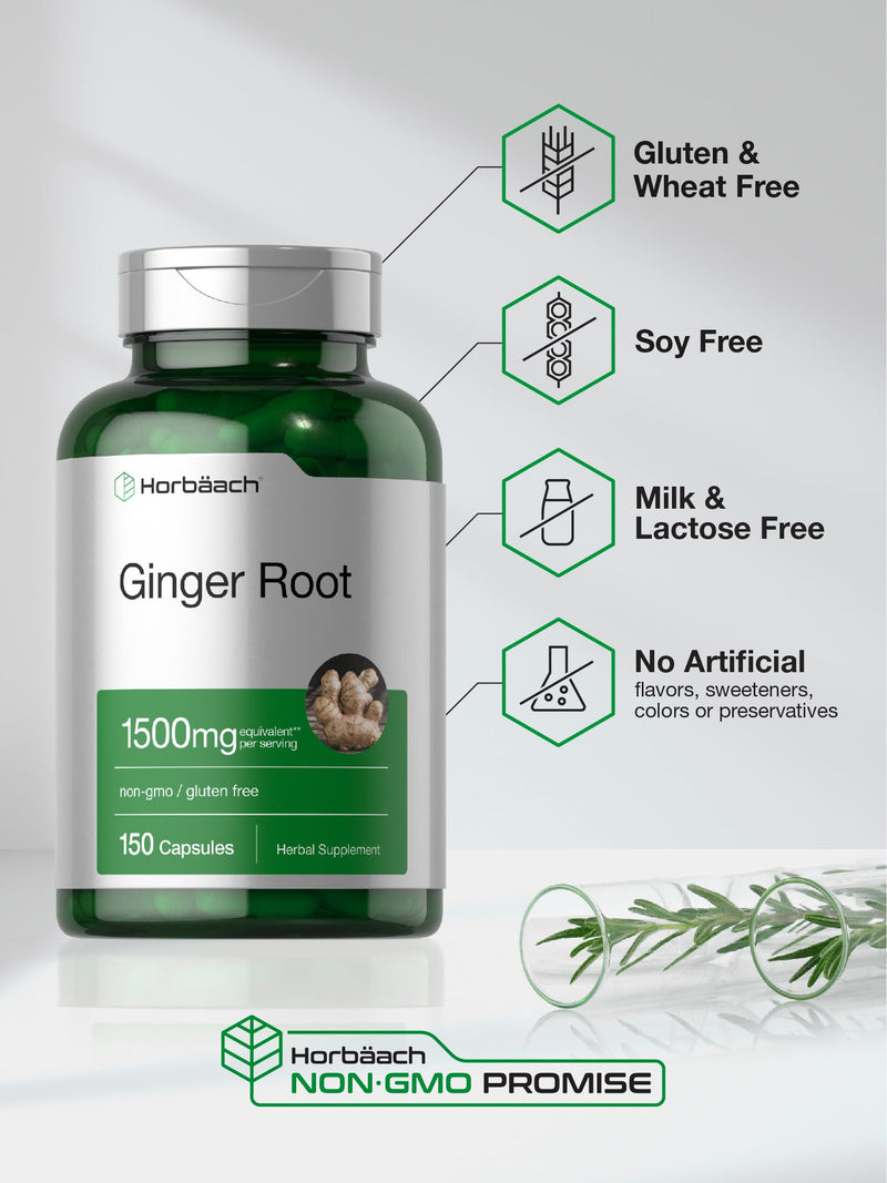 Horbäach Ginger Root Capsules 1500 mg | 150 Pills | Non-GMO, Gluten Free | Ginger Root Extract