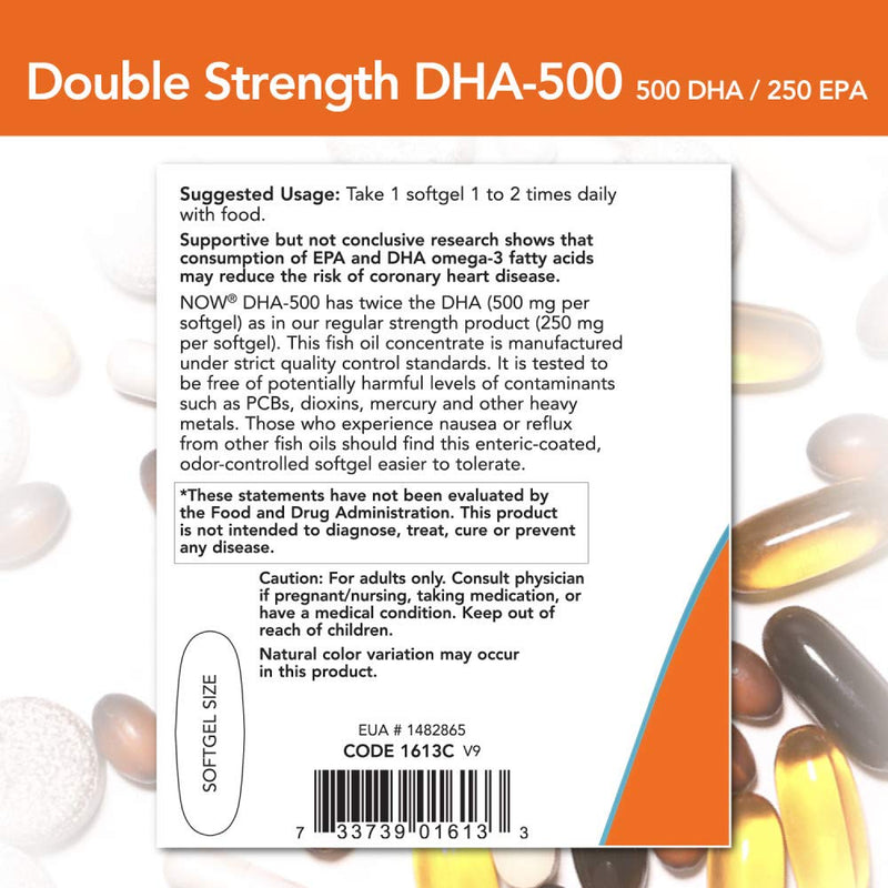 NOW Supplements, DHA-500 with 250 EPA, Molecularly Distilled, Supports Brain health*, 180 Softgels 180 Count (Pack of 1)