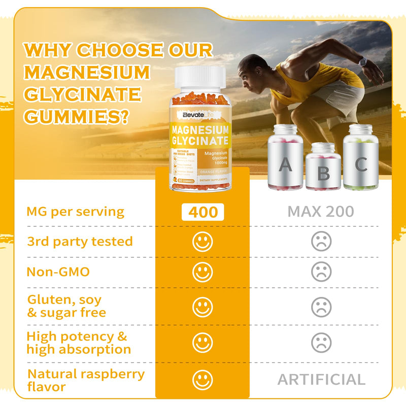 Magnesium Glycinate Gummies 1000mg - Sugar Free Magnesium Potassium Supplement with Vitamin D, B6, CoQ10 for Calm Mood & Sleep Support - 60 Orange Gummies 60 Count (Pack of 1)