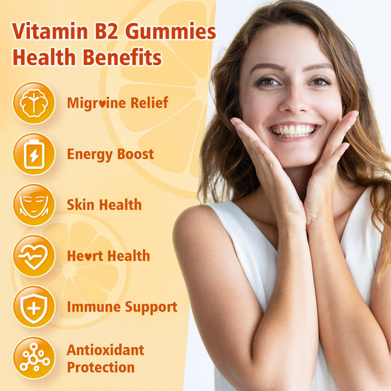 2 Pack Vitamin B2 Gummies - Riboflavin 400mg for Kids & Adults, Migraine Relief & Headache Relief, Vegan, Sugar-Free, Orange Flavor, 120 Gummies Orange 2-pack