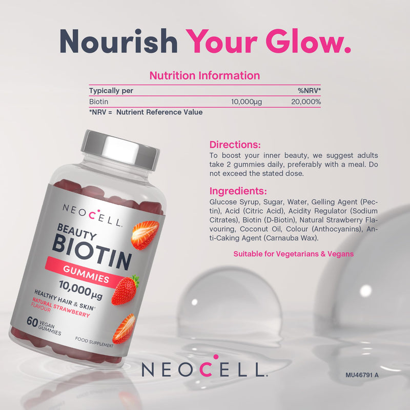 Biotin Gummies 10,000 mcg | High Strength Vegan Biotin Supplement | Vitamin B7 | 60 Strawberry Flavour Gummies | NeoCell