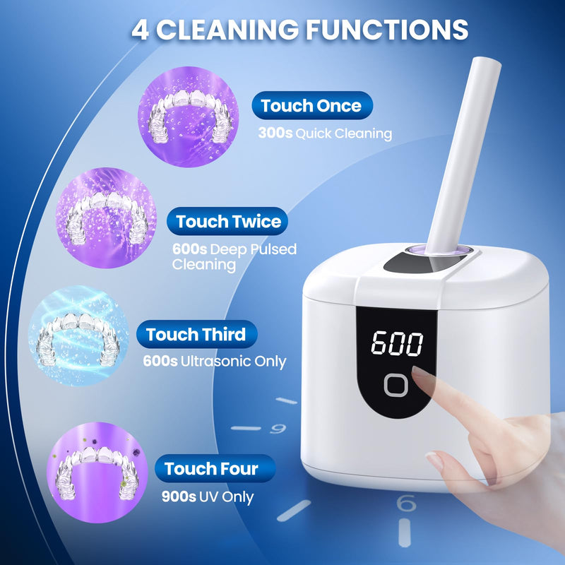 [Australia] - 45kHz Ultrasonic Retainer Denture Cleaner Machine, Fast Cleaning for Aligners, Mouth Guards, Braces, Toothbrush Heads & Jewelry, 200ML Dental Cleaning Pod, 4 Modes & Digital Timer (White) White 