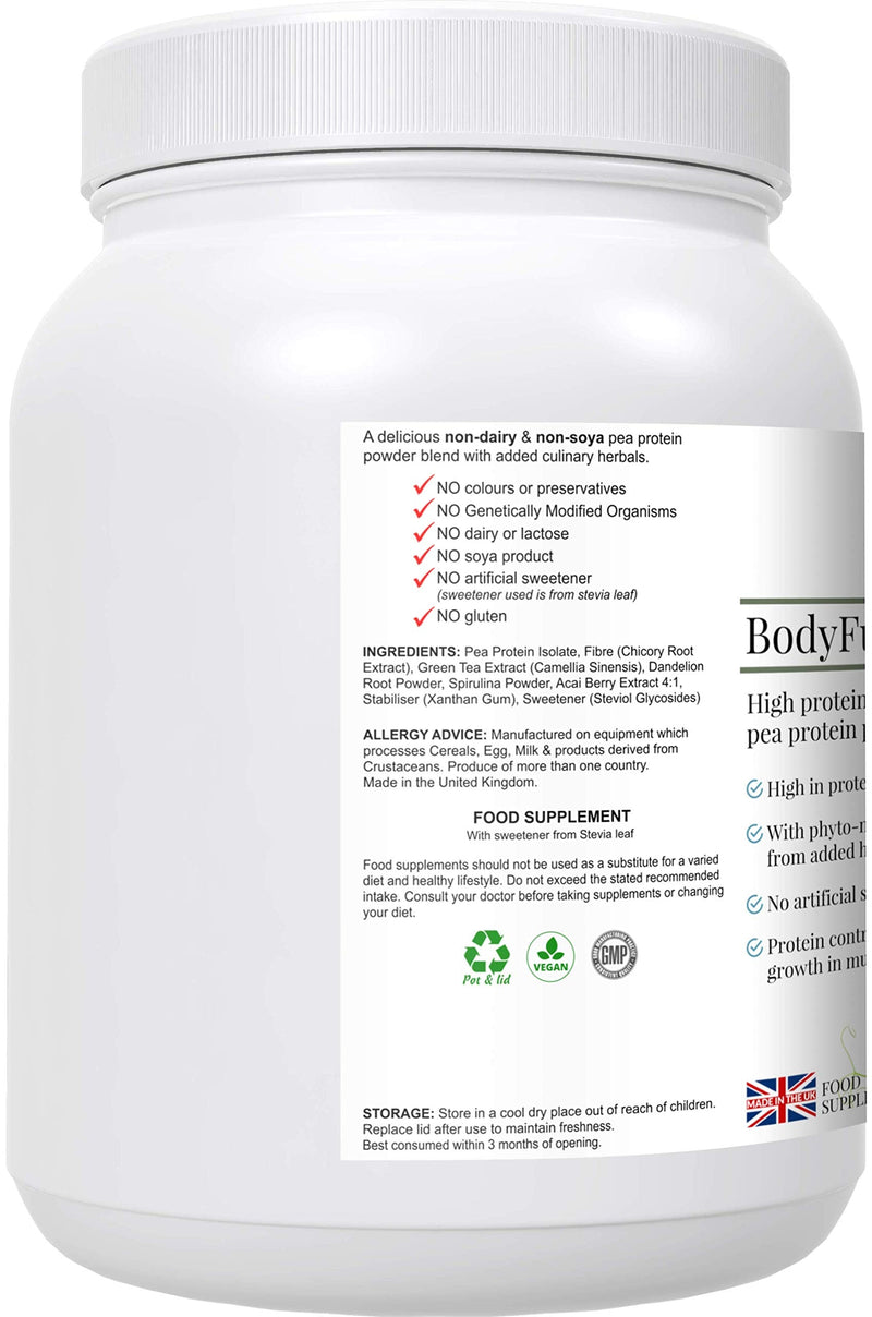 BodyFuel Hypoallergenic Pea Protein Isolate Powder – Non-Bloating Plant Protein with Phytonutrients, Green Tea, Chicory, Dandelion & Acai – Vegan, 500g