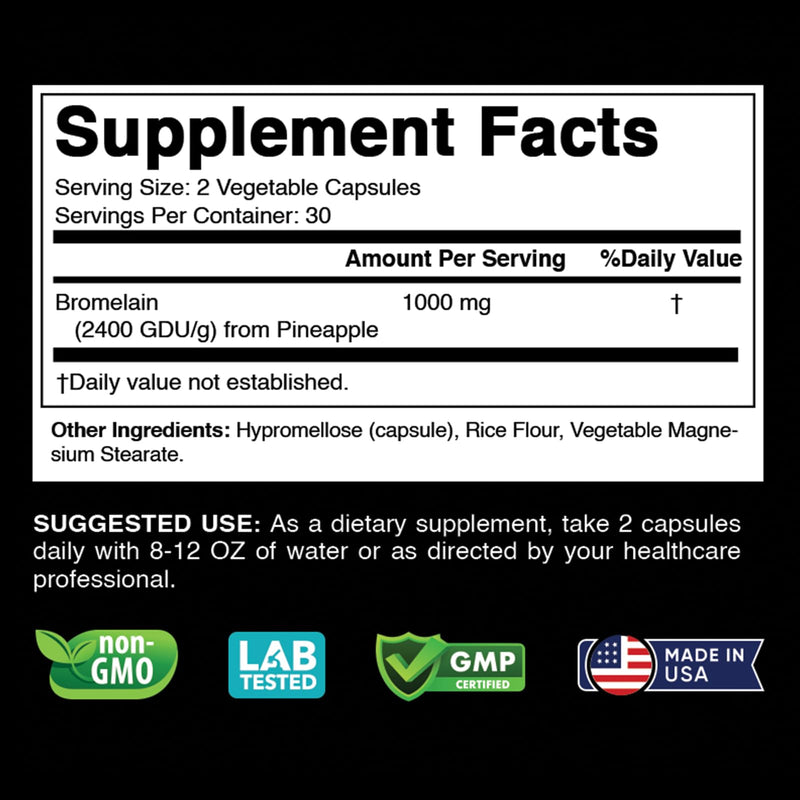 [Australia] - Bromelain Supplement 1000mg per Serving, 2400 GDU/g, Proteolytic Enzymes, Supports Digestion of Proteins, 60 Count - Non-GMO & Gluten Free 