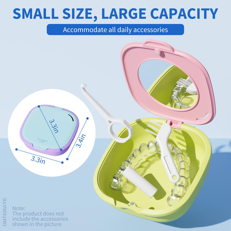 [Australia] - Magnetic Retainer Box with Mirror, Compact Denture Case with Vent Holes & Retainer Remover Tool & Chewies & Brush, Protable Aligner Cleaner Case for Night Mouth Guards, Braces (Pink Green) 