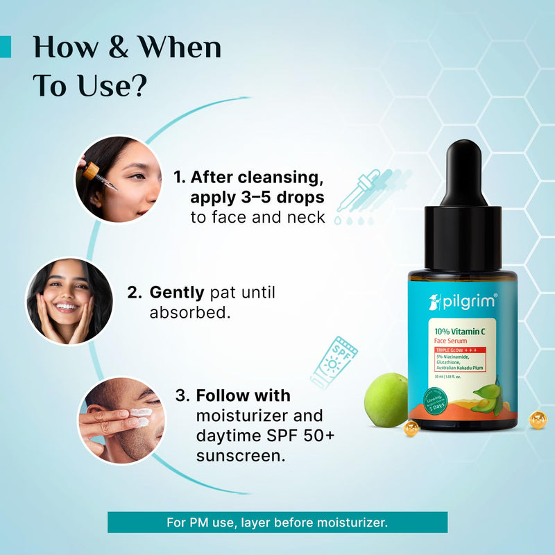 10% Vitamin C Face Serum by Pilgrim | Anti Aging Facial Serum with 5% Niacinamide & Kakadu Plum | Reduces Fine Lines, Smooths Skin Texture & Improves Radiance | 1.01 Fl Oz (30ml) 10% Vitamin C