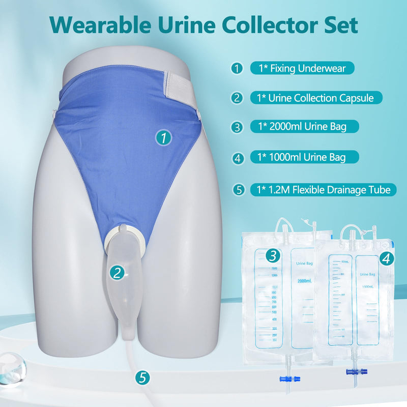 [Australia] - Wearable Urine Collector with Reusable Silicone Unit with Breathable Fixative Pant with Two Urinary Drainage Bags 2000ml 1000ml and 1.2m Catheter Soft Edge Spill Resistant, Elderly Men Blue Elderly Male Blue 
