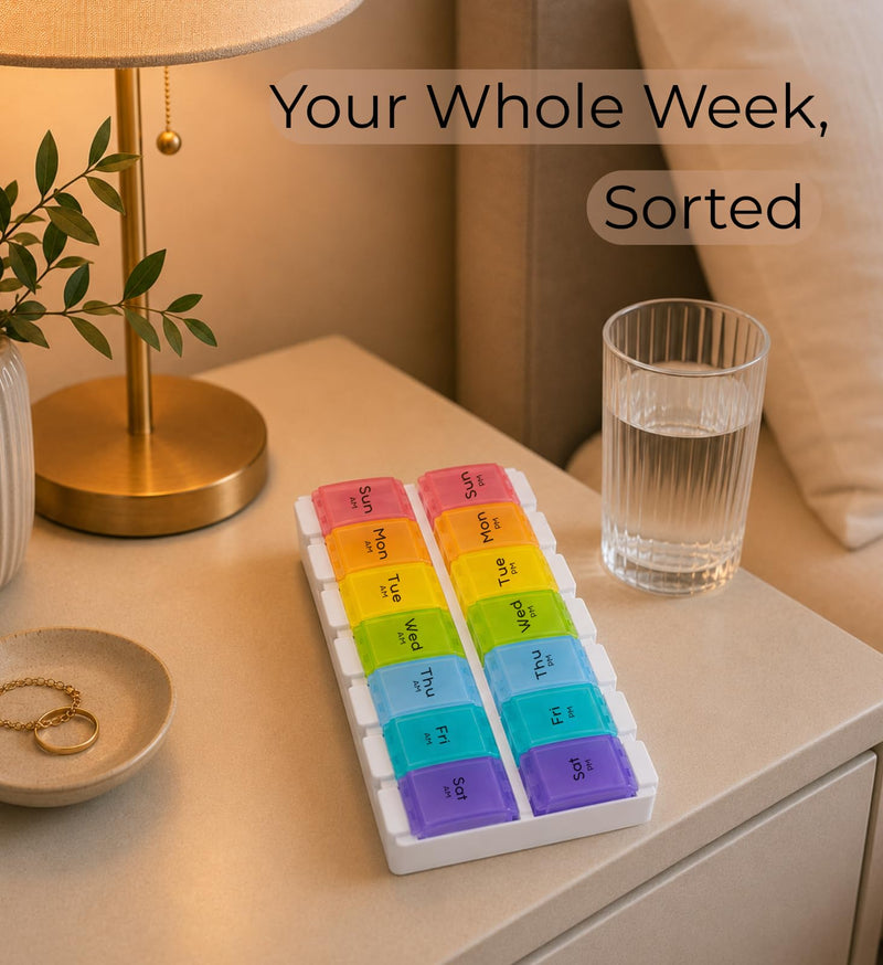Weekly Pill Organizer 2 Times a Day, 7 Day AM PM Pill Box with Easy Push Button, Separate Morning & Evening Trays, Large Capacity Medicine Organizer for Vitamins, Fish Oil & Supplements, BPA-Free