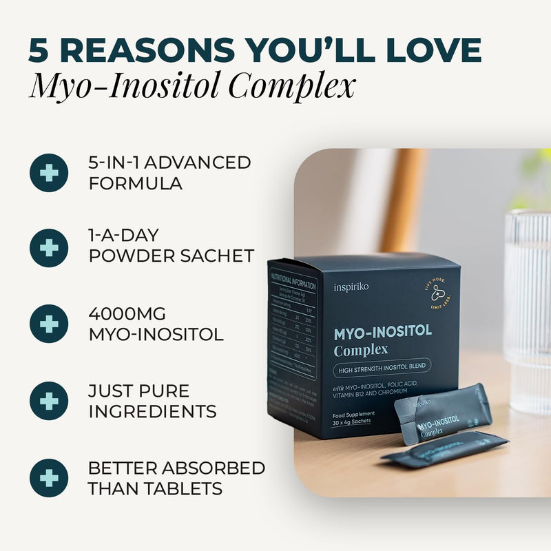 Inspiriko 5-in-1 Myo-Inositol Powder 4000mg with Folate, Chromium, Vitamin B6 & B12-30 Vegan, 1-a-Day Myo Inositol Powder Sachets, Made in UK Unflavoured 125 g (Pack of 1)