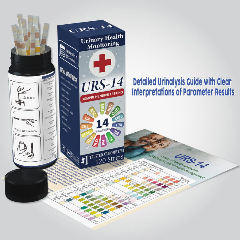 [Australia] - URS Urine Reagent Test Strip for 14 Parameters Urinalysis - Self Testing at Home in 60 Seconds for Men and Women PH, SG, Prot, KET, BLO, BIL, CRE, Kidney, Liver, UTI, Keto Diet, Ketosis, and +7 More 