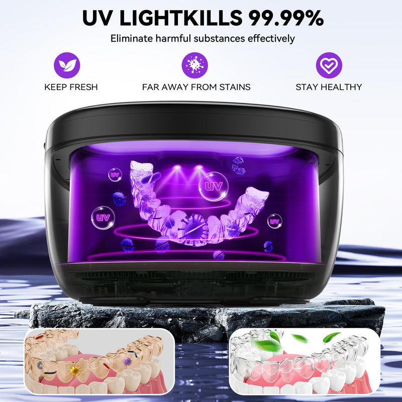 [Australia] - Ultrasonic Retainer Cleaner, 45kHz Dental Cleaning Pod for Dentures, Aligners, Night Guards & Jewelry, 150ML Denture Cleaner 2 Timed Modes & Travel Design 
