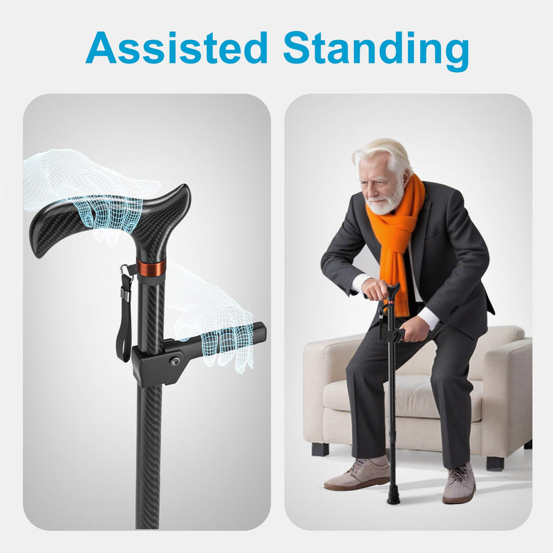 [Australia] - Carbon Fiber Canes for Women & Men – Walking Cane Weighs Only 1.1 lb, Adjustable Walking Stick with Single-Point Base for Seniors, Second Support Handle to Help Rise from Chairs Single Base 