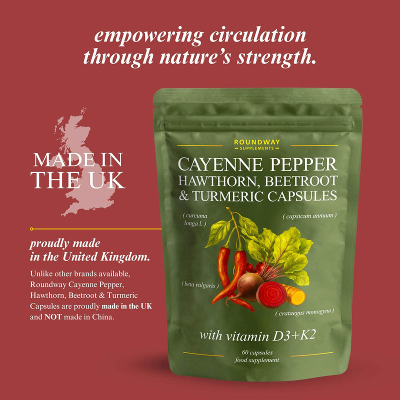 Cayenne Pepper Capsules with Hawthorn, Beetroot, Turmeric and Vitamin D3 K2 for Heart & Circulatory Support | 60 Capsules, 1 Month Supply | Made in The UK by Roundway Supplements