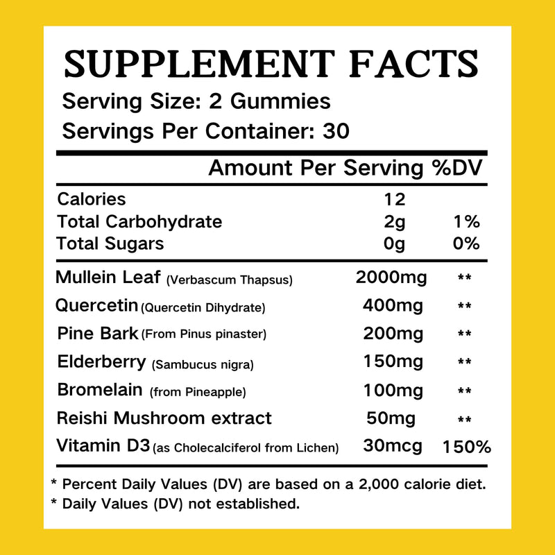 Mullein Gummies, 2000mg Organic Mullein Leaf Extract with Quercetin, Bromelain & Vitamin D3, Mullein Leaf Extract for Respiratory, Natural Lung Cleanse, Improve Appetite, Vegan, Non-GMO, 2 Pack 60 Count (Pack of 2)