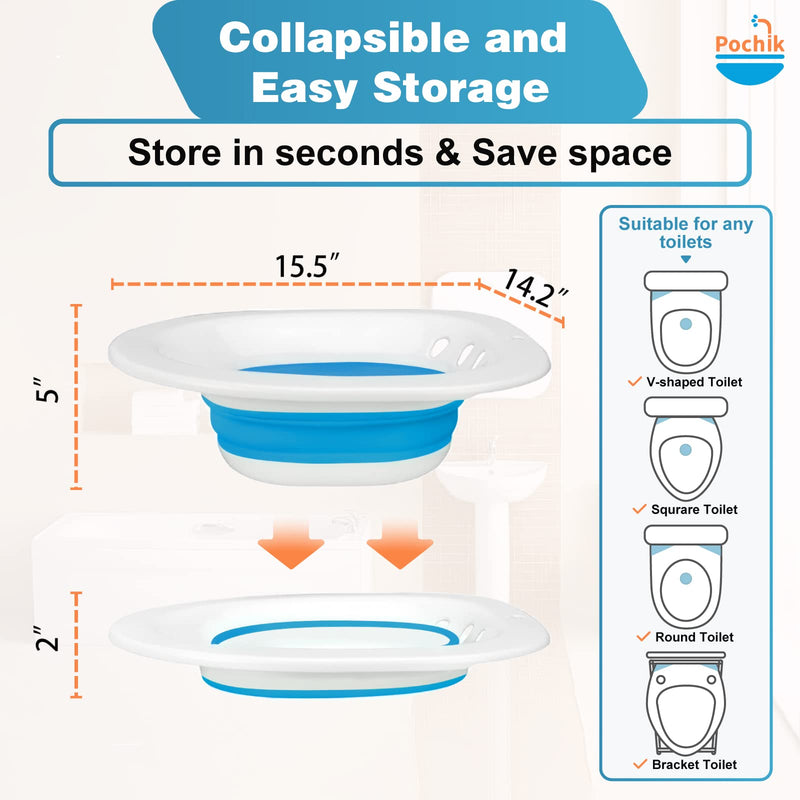 [Australia] - Sitz Bath, Sitz Bath for Hemorrhoids, Sitz Bath for Toilet Seat, Postpartum Care, Sits Bath Kit for Women, Collapsible, Flusher Hose, Drain Holes, Wider Seating Area, Deeper Bowl Blue + Flusher 