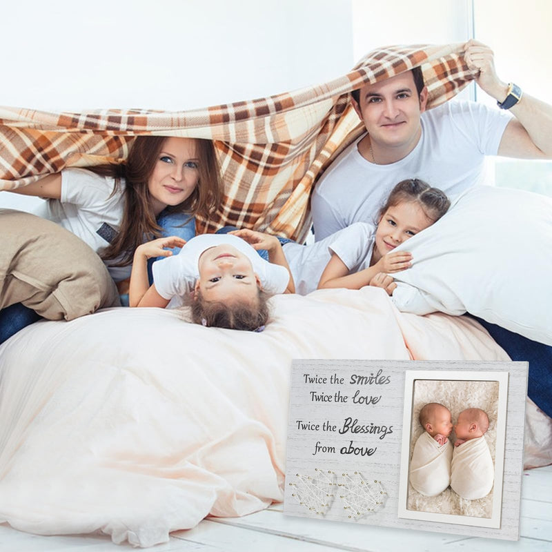 [Australia] - Twin Sister Keepsake Picture Frame - Gift for Twin Sisters Shower with The Words"Twice The Smiles, Twice The Love, Twice The Blessings from Above" 2 Heart Shaped 4 X 6 Frame with Black Text,Wood Twins Picture Frame 