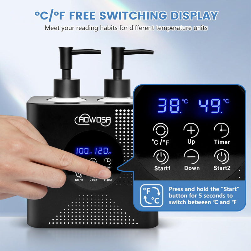 [Australia] - Massage Oil Warmer Double Bottle Professional Electric Lotion Digital Heater for SPA, Portable Oil Warmer Heated Cream for Beauty Salon Home, with ℃/℉ Switchable Display, Four Dispenser Bottle 