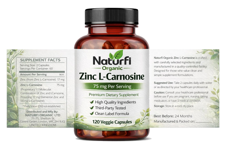 Naturfi Organic Zinc L-Carnosine Supplement 75mg Per Serving – High Potency Zinc Carnosine Capsules – Premium Quality Daily Zinc Complex – Easy to Swallow (120 Capsules (Pack of 1)) 120 Capsules (Pack of 1)