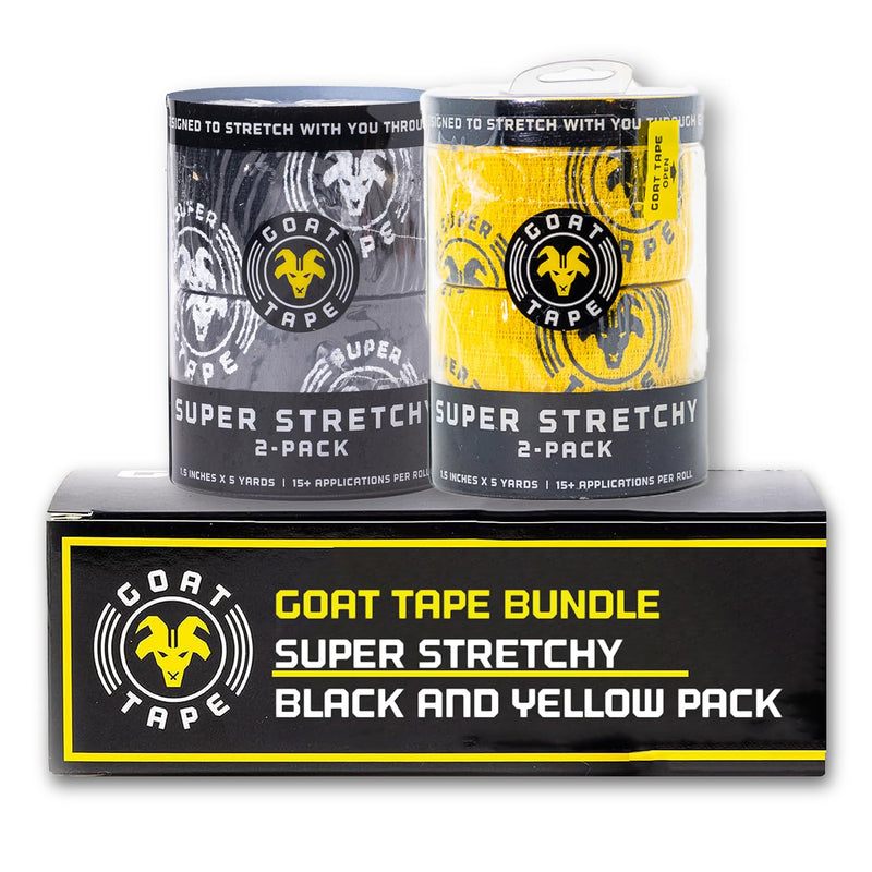 Goat Tape Super Stretchy Thumb Tape - Weightlifting Hook Grip Tape & WOD Tape for Cross Training, Gym Workout Tape, Athletic Finger Wrap - Flexes with Every Move, 2 Black 2 Yellow Rolls