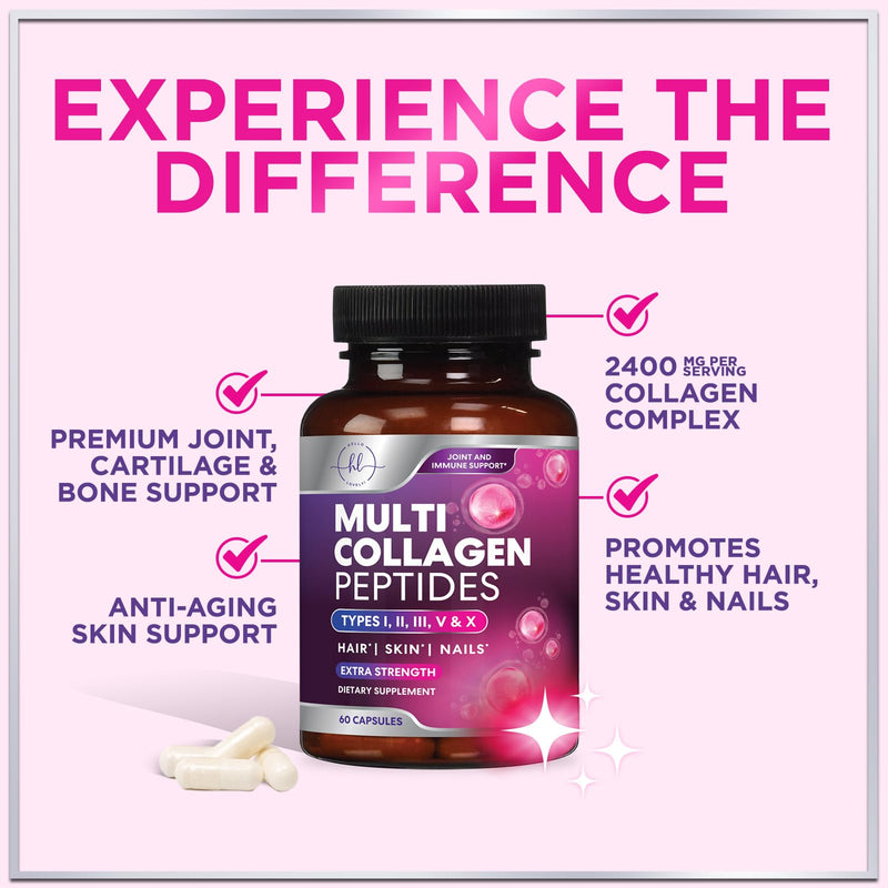 Multi Collagen Peptides - Hydrolyzed Collagen Types I, II, III, V, X - Best Hair, Skin, Nail & Joint Support for Women - Complete Collagen Peptide Supplement - Non-GMO, Bottled USA - 60 Capsules 60 Count (Pack of 1)