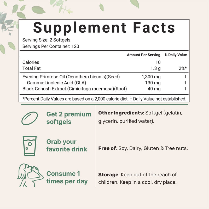 [Australia] - Micro Ingredients Evening Primrose Oil 1300mg Perserving, 240 Softgels | Enhanced with 40mg Black Cohosh Extract, Cold Pressed – 10% Active GLA, Non-GMO, No Gluten, Easy to Swallow 