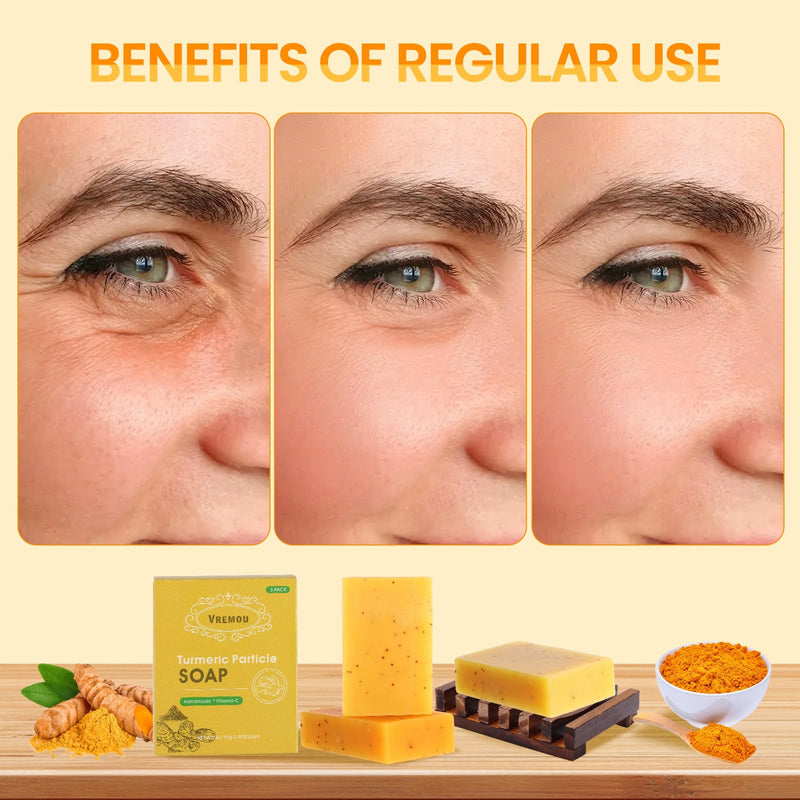 3Packs Turmeric Soap Bar, Organic Tumeric Soap for Face and Body,with Vitamin C, E for All Skin