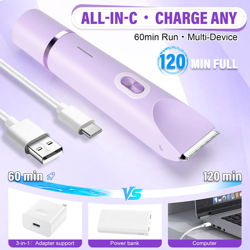 [Australia] - Women's Bikini Trimmer, 2-in-1 Electric Shaver for Bikini Line, Legs, Underarms, Face - Waterproof Women's Electric Shaver for Sensitive Skin, USB Rechargeable(Purple) Purple 
