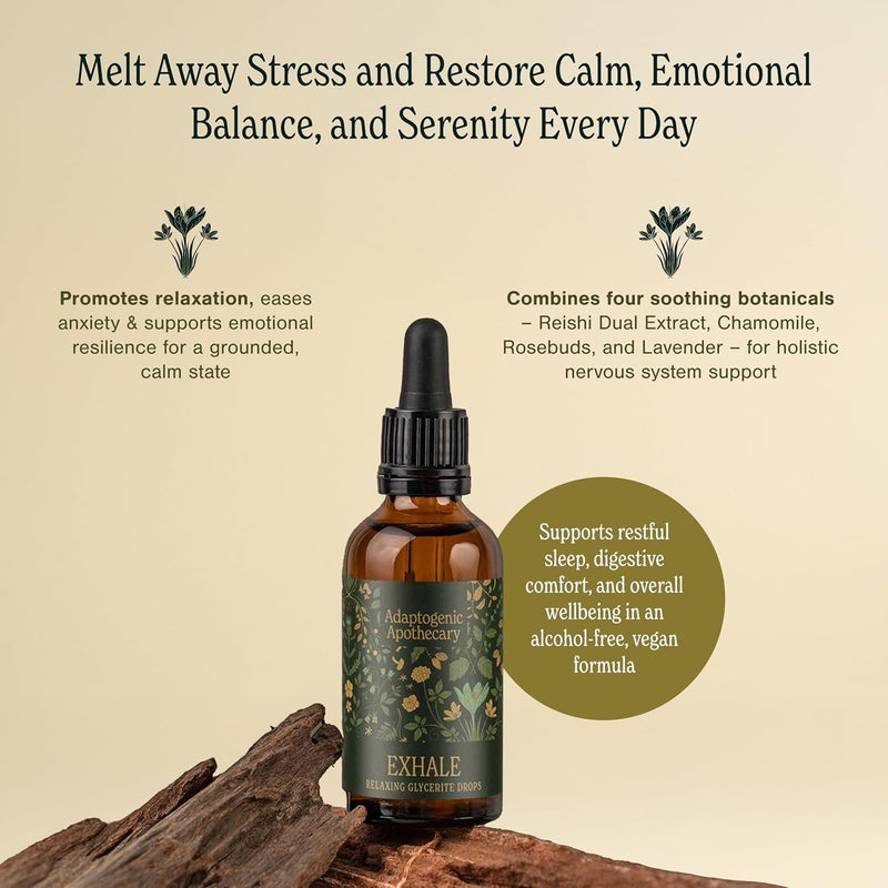 Exhale – Premium Calming Drops | Botanical Glycerite with Chamomile, Rose Petals, Lavender & Reishi Dual Extract | Alcohol-Free | 50ml, 25 Servings | UK-Made, Vegan