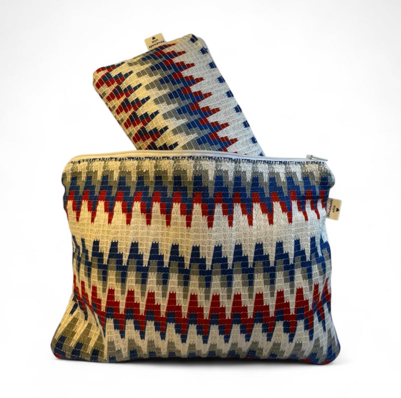 Handmade Geometric Cosmetic Bag Set in American style, Large 10.5x7.5 inch and Small 7.5x5 inch, Red Blue Ivory Pattern