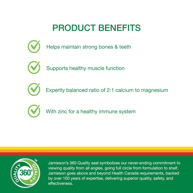 Jamieson Calcium Magnesium + Zinc, for Healthy Bones, Healthy Teeth, Muscle Function, Immune Function, Vegetarian, Gluten Free, Lactose Free, Bonus Size, 200 Caplets, 1 a Day Formula