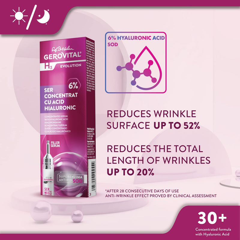 GEROVITAL EVOLUTION Hyaluronic Acid Concentrated Serum with Superoxide Dismutase SOD (The Anti-Aging Super Enzyme), Moisturizer, Anti-Wrinkle, Improves Skin Elasticity and Firmness, 10 ml
