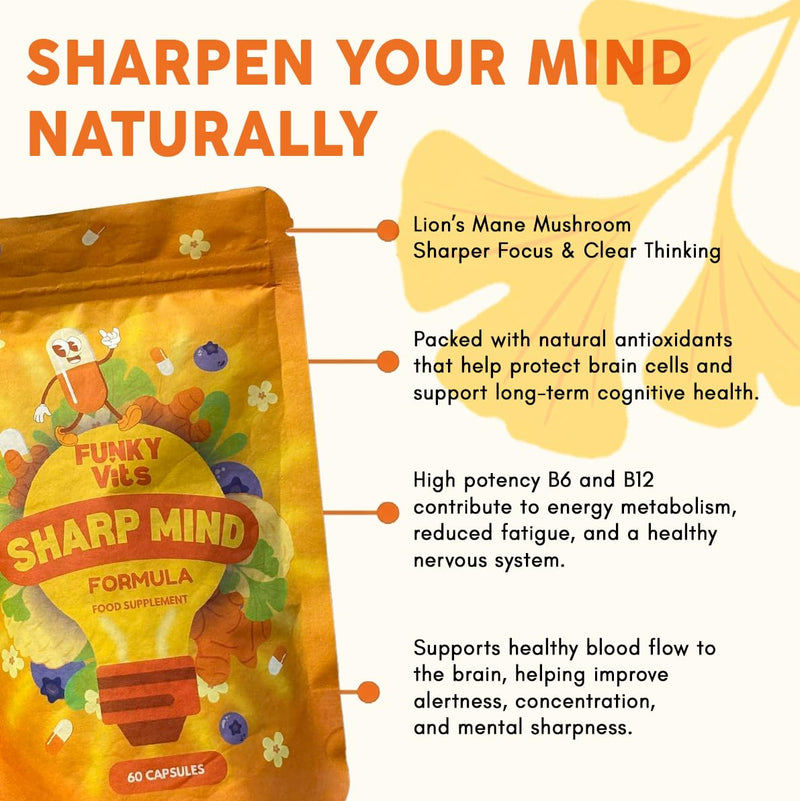 Focus & Clarity Support Capsules | B Vitamins, Zinc | Daily Mental Performance Support | Vegan UK Made | 60 Capsules | Funky Vits Sharp Mind