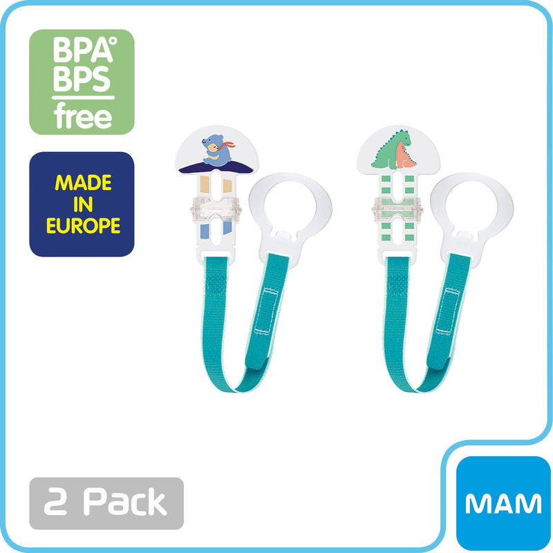 MAM 2 Clips for Pacifiers With Fasteners and Flexible Rings for Boys, Designs May Vary 2 Pack Boy