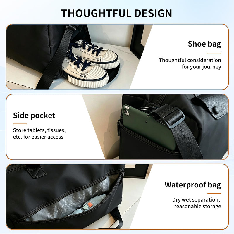 Large Capacity Travel Duffle Bag, Fabric, Lightweight Waterproof Gym Bag with Shoulder Strap, Black