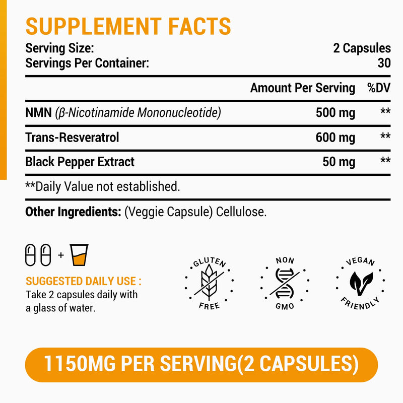 1100mg NAD & Trans-Resveratrol Capsules with 50mg Black Pepper Extract - Nutrient-Rich Blend - Gluten-Free, Non-GMO (60 Count (Pack of 2)) 60 count (Pack of 2)