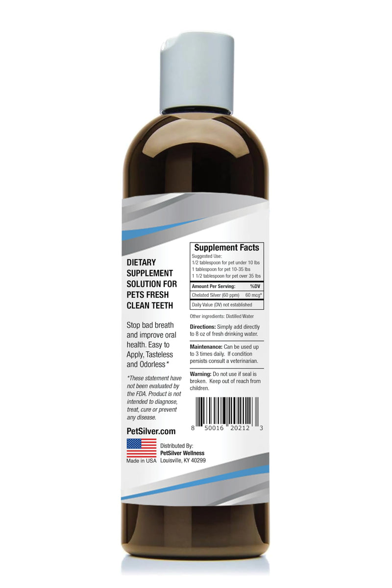 PetSilver Teeth & Gum Water Additive for Dental Care - Dog Breath Freshener - Targets Tartar, Plaque & Eliminates Bad Breath - Cat Oral Care & Dog Teeth Cleaning - No Brushing & Tasteless - 12 fl oz - PawsPlanet Australia
