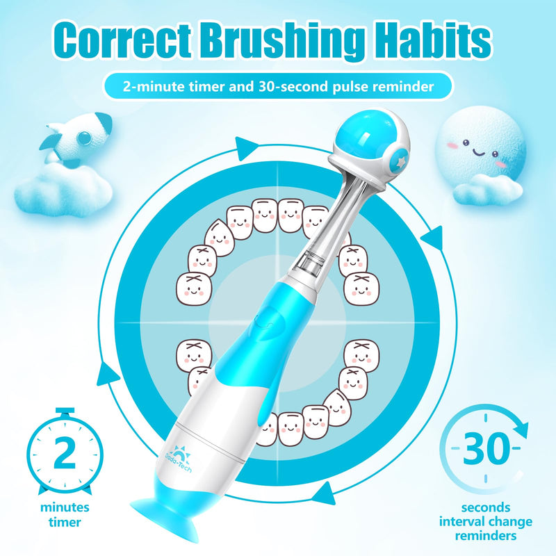 [Australia] - Toddler Electric Toothbrush Kids Age 1-2-3 Years Old, Infants & Baby Electric Toothbrush with Finger Tooth Brush, Cute Cover, LED Light, 2 Minutes Timer, 4 Brush Heads, Suction Cup (Blue Astronaut) Blue Astronaut 1 Count (Pack of 1) 