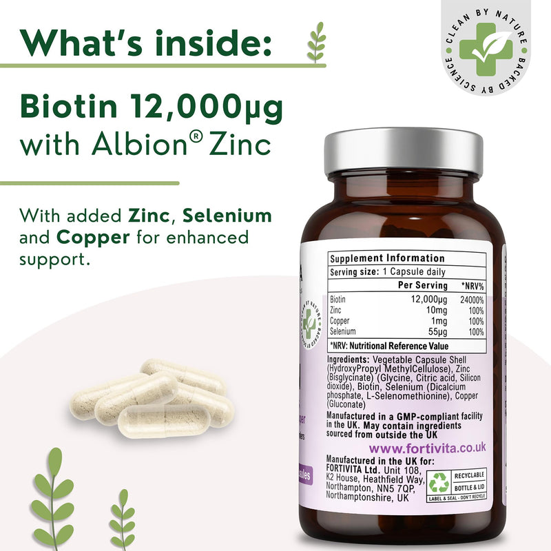 Biotin 12000 µg with Albion® Zinc, Selenium & Copper – High Strength Supplement for Hair, Skin & Nails – 90 Vegetarian Capsules – Made in the UK – GMO Free, No Synthetic Fillers