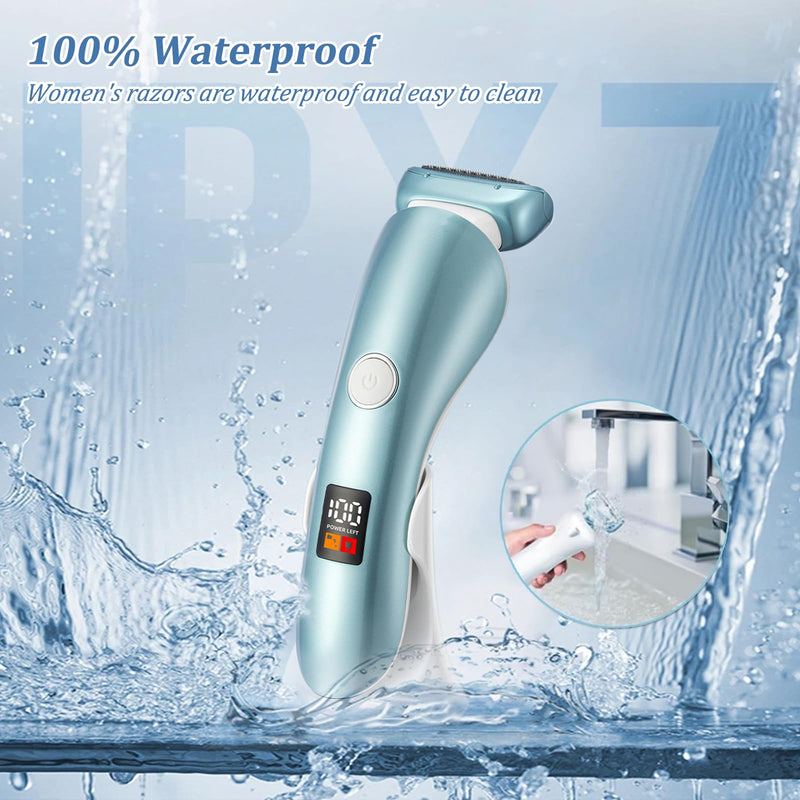 [Australia] - Electric Razors for Women, Bikini Trimmer Wet & Dry Use, Painless Pubic Hair Trimmer, Rechargeable Electric Shaver for Legs, Face, Pubic Hair, Underarms with Detachable Head, Blue 