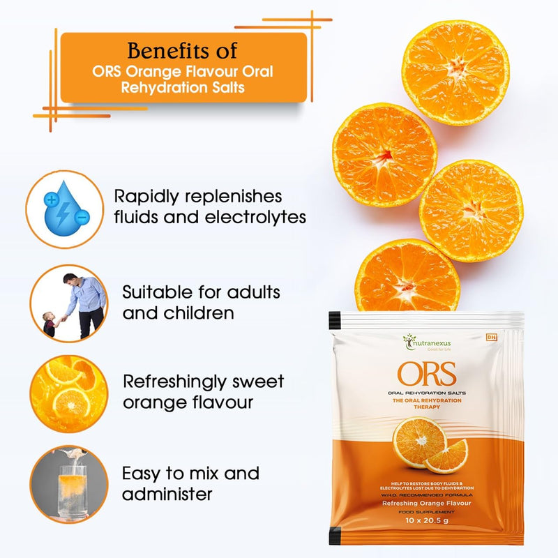ORS (Oral Rehydration Salts) -Orange Flavour | Replenish Lost Fluids |10 x 20.5g