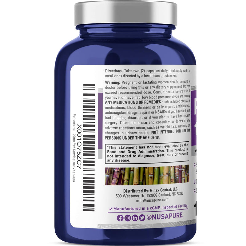 [Australia] - NusaPure Policosanol 100mg 180 Veggie Capsules (Vegan, Non-GMO, Gluten-Free) 