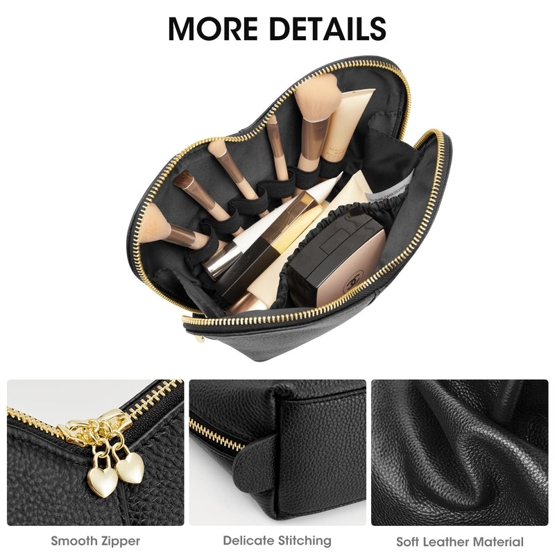 Kattee Leather Makeup Bag, Travel Large capacity Comestic Bag for Women, Heart Shaped Portable Organizer Toiletry Bag for Working, Black