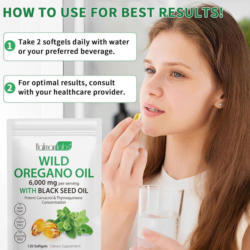 Oil of Oregano with Black Seed Oil, 2 in 1 6000mg Oregano Oil Capsules Organic,165mg Carvacrol, Easy to Swallow, Plant Based, Non-GMO, Gluten Free & Immune Support - 120Count