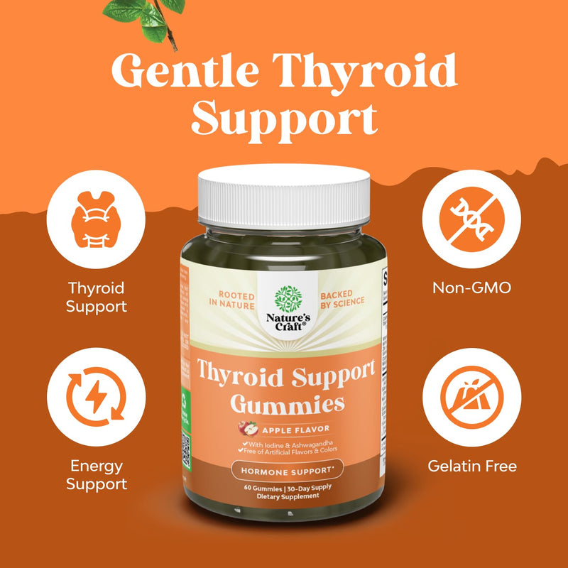 Natures Craft Thyroid Support Gummies - Thyroid Support Gummies for Comprehensive Support for Men and Women with Iodine Selenium and Other Potent Vitamins - Gelatin-Free Non-GMO - 60 Count