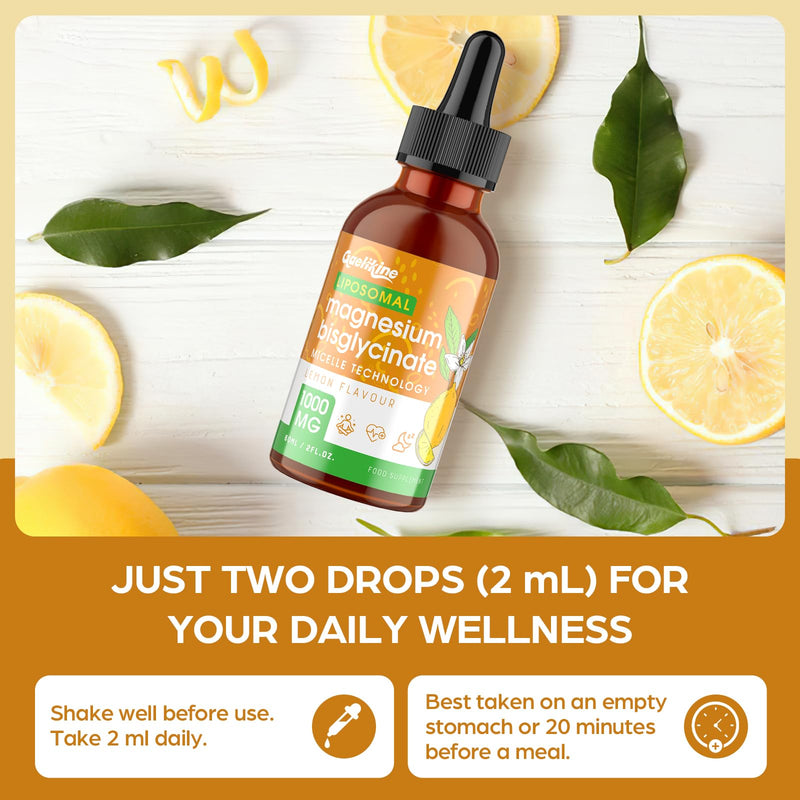 Magnesium Bisglycinate Drops 1000mg – Chelated Magnesium Supplement with Liposomal Micelle Technology, Lemon Flavor | Vegan | Non-GMO | Gluten-Free, 120ml 60 ml (Pack of 2)