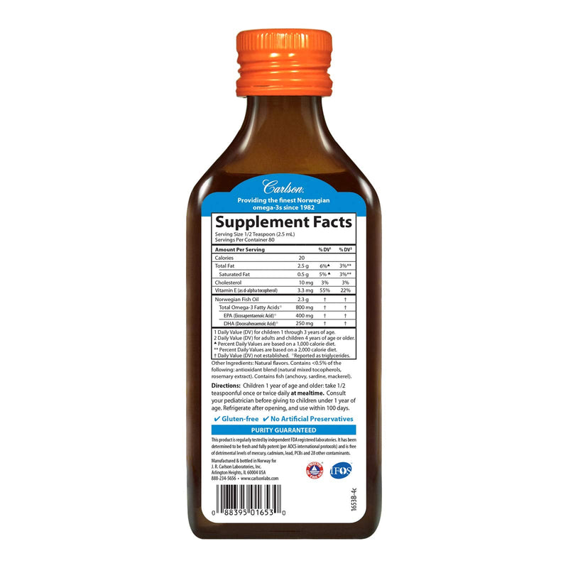 [Australia] - Carlson - Kid's The Very Finest Fish Oil, 800 mg Omega-3s, Norwegian, Sustainably Sourced, Orange, 200 mL 6.7 Fl Oz (Pack of 1) 