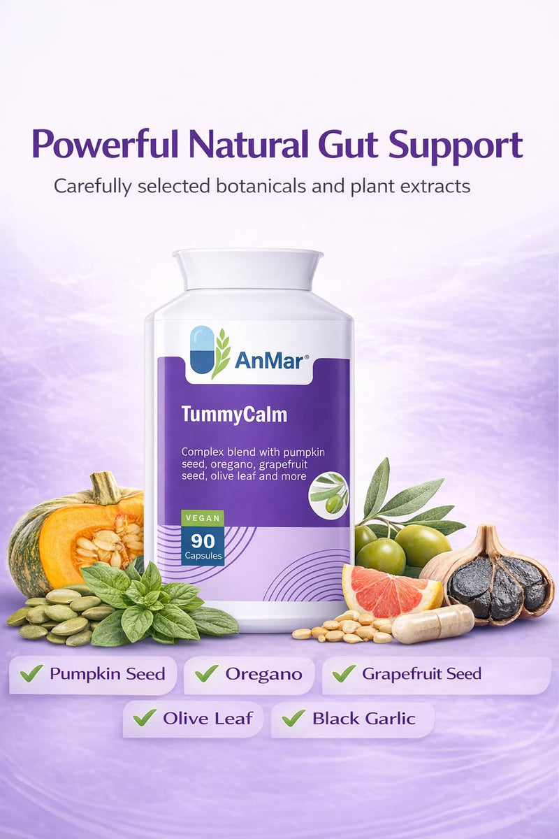 AnMar® TummyCalm Digestive Botanical Complex – Pumpkin Seed, Oregano Leaf, Grapefruit Seed & Olive Leaf Extract – Herbal Digestive Support Supplement – Vegan Capsules – 90 Capsules