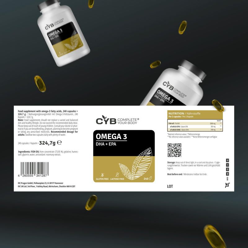 Omega 3 Fish Oil 2000mg Capsules - 240 High Strength Softgels - Pure Omega Fatty Acids 3 EPA 360mg + DHA 240mg Per Serving - 4 Month Supply - Laboratory Tested - Complete Your Body - CYB Brand